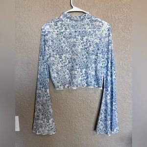 NWOT SHEIN Floral Crop Mesh Long Trumpet Sleeve Top